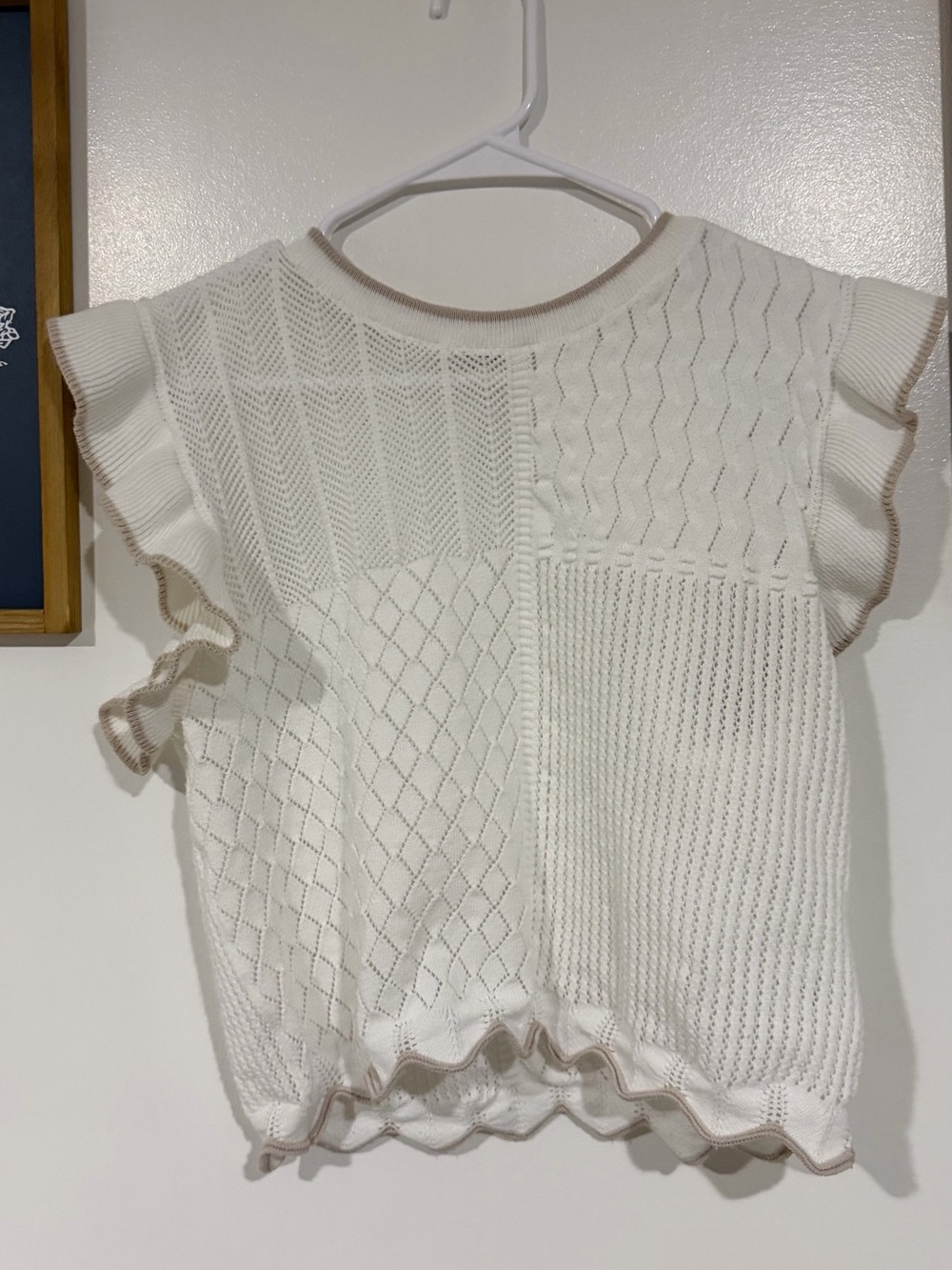 White Knit Flutter Sleeve Tank Top with Contrast Trim